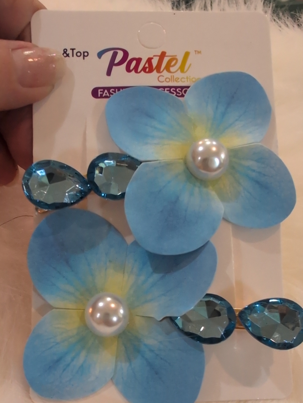 Blue Floral Hair Clip Set with Pearl Accents